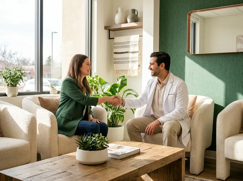 A dentist and patient shaking hands in a warm, modern clinic waiting area